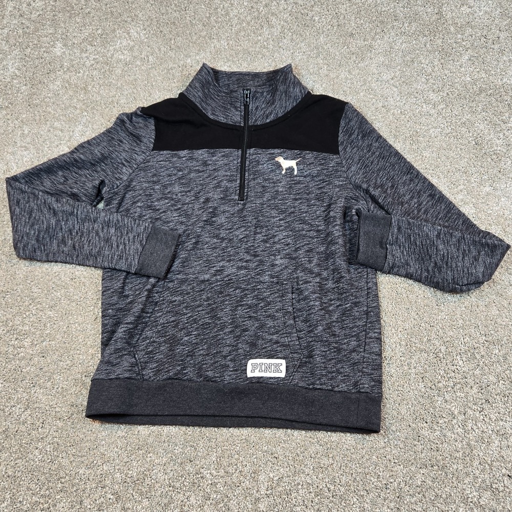 Victoria's Secret PINK heather gray and black quarter-zip pullover womans M